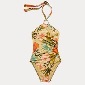 Print Ring-Front High-Neck One-Piece Swimsuit